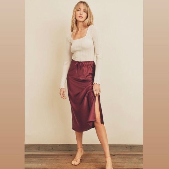 Satin Wine Midi Slip Skirt - Picture 6 of 8